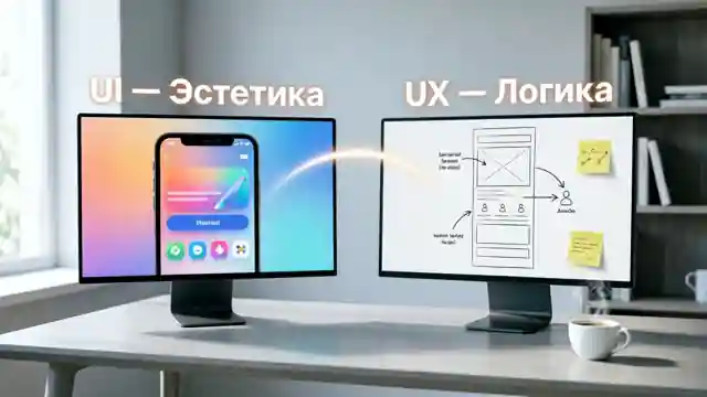 Сравнение UX и UI: слева — эстетика интерфейса (UI), справа — логика и схема (UX)