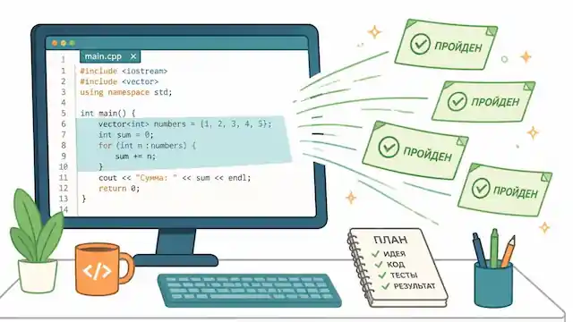 Рабочее место разработчика с открытым проектом на C++ и зелёными галочками, символизирующими пройденные тесты