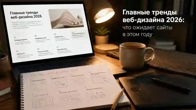 Рабочее место веб‑дизайнера: ноутбук с макетом трендов 2026, скетчи в блокноте, графический планшет и чашка кофе — атмосфера создания современного сайта