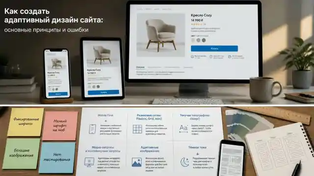 Адаптивный дизайн: карточка товара на смартфоне, планшете и десктопе плюс блок с принципами и ошибками вёрстки